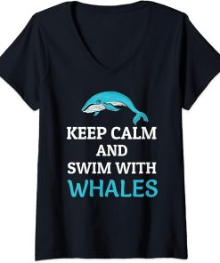 Womens Keep Calm And Swim With Whales Cute Orcas Killer Whales gift V-Neck T-Shirt