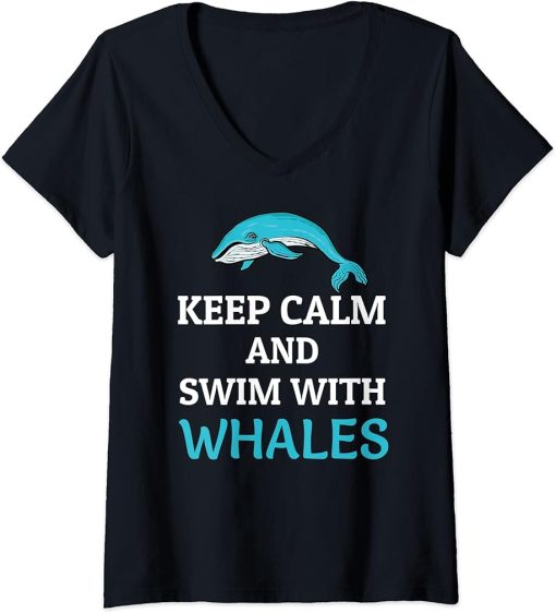 Womens Keep Calm And Swim With Whales Cute Orcas Killer Whales gift V-Neck T-Shirt