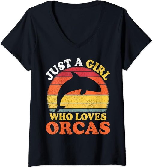 Womens Orca Fish Vintage Just A Girl Who Loves Orcas V-Neck T-Shirt