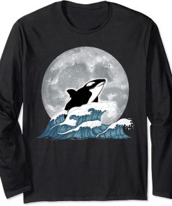 Moonlight Killer Whale Ocean Animal Waves Full Moon Orca Long Sleeve T-Shirt