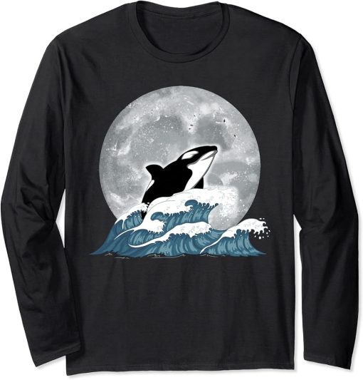 Moonlight Killer Whale Ocean Animal Waves Full Moon Orca Long Sleeve T-Shirt